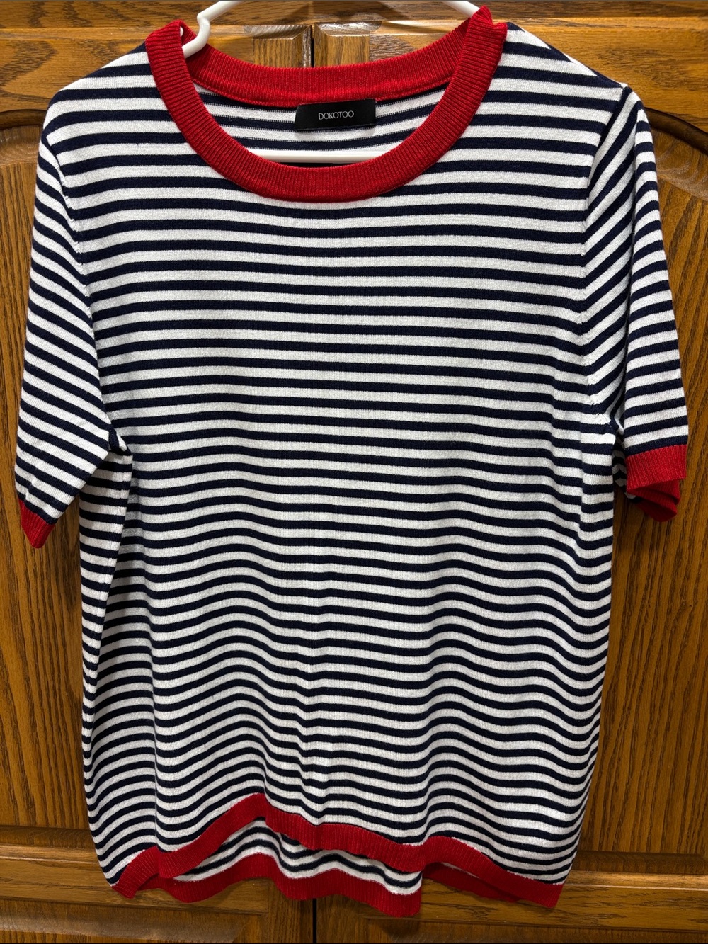 Striped Navy & White Sweater Tee with Red Trim -